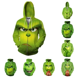 Movie The Grinch Pullover Green Shaggy Hoodies Cosplay Sweatshirt Monster Printing Hooded Unisex Jacket Zipper Clothes Coat Gift