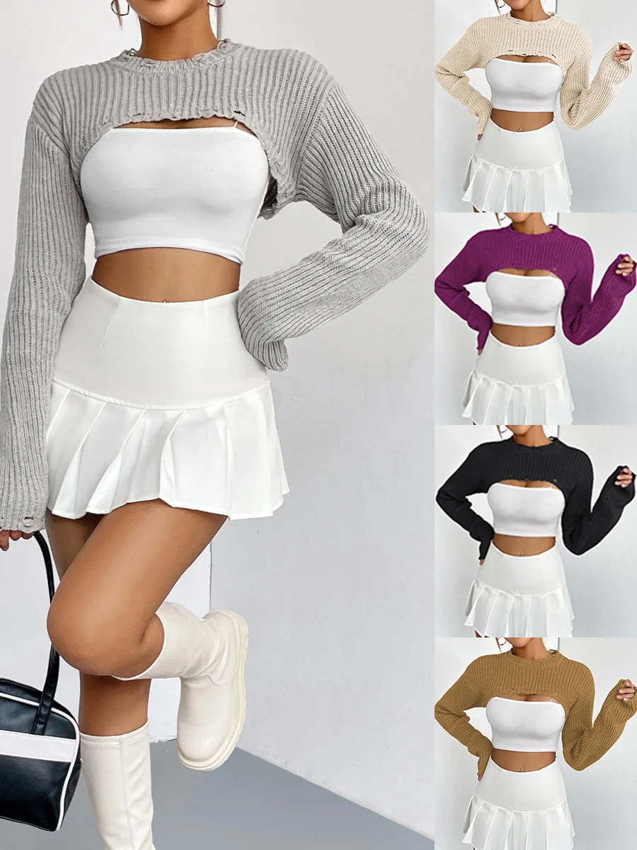 

Европейский и американский пуловер Sarebon, вязаный Топ для женщин с нишевым дизайном, ультракороткий стиль, сексуальный топ с коротким вырезом