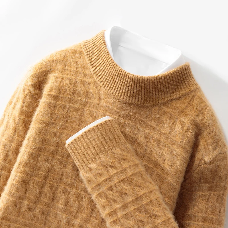 Winter Solid Color Round Neck Men's Wool Long Sleeve Pullover Sweater Business Casual Wool Padded Knit Bottoming Shirt