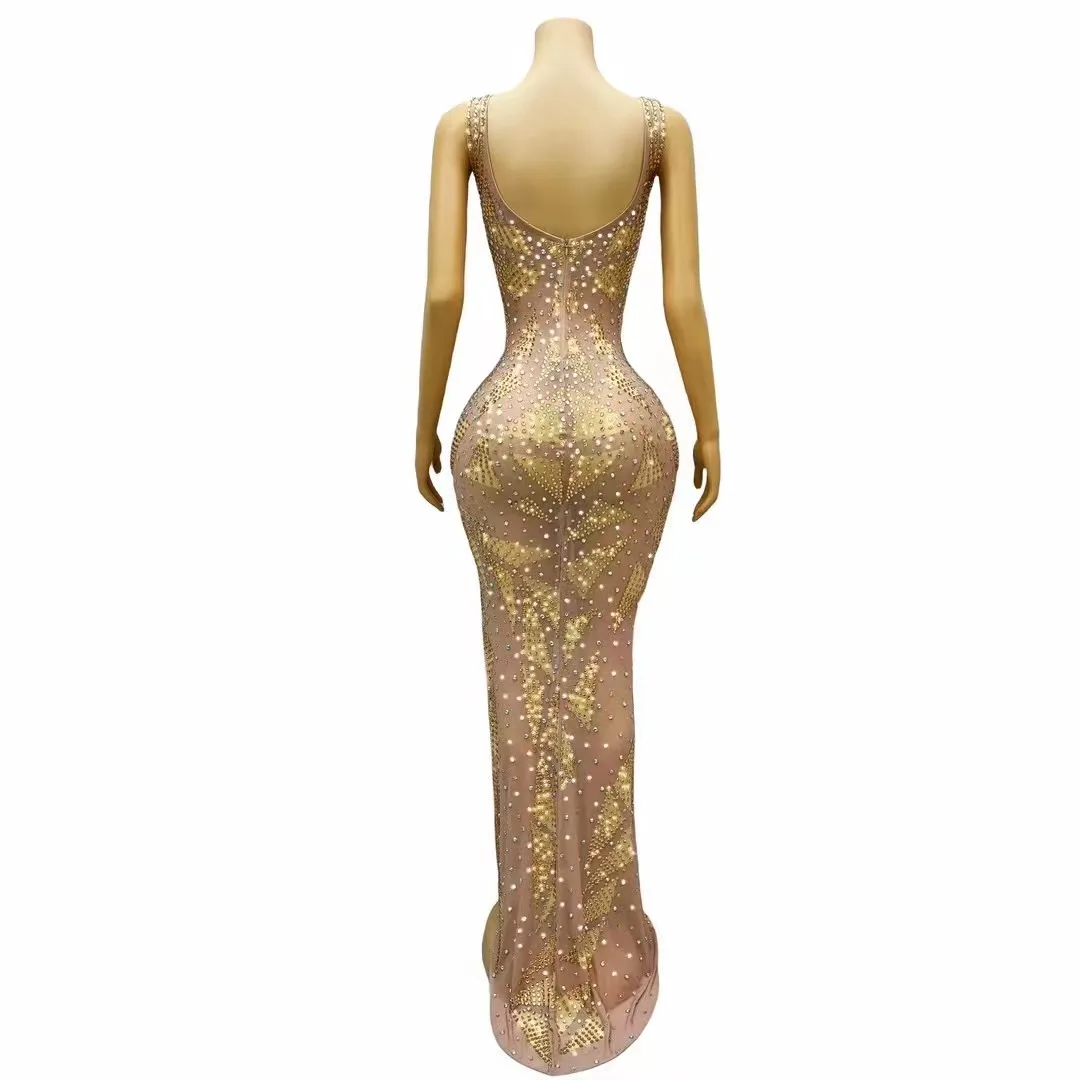 Sexy Luxury Silver Gold Crystals Sleeveless Dress Transparent Outfit Dance Stage Celebrate Nightclub Party Photoshoot Costume