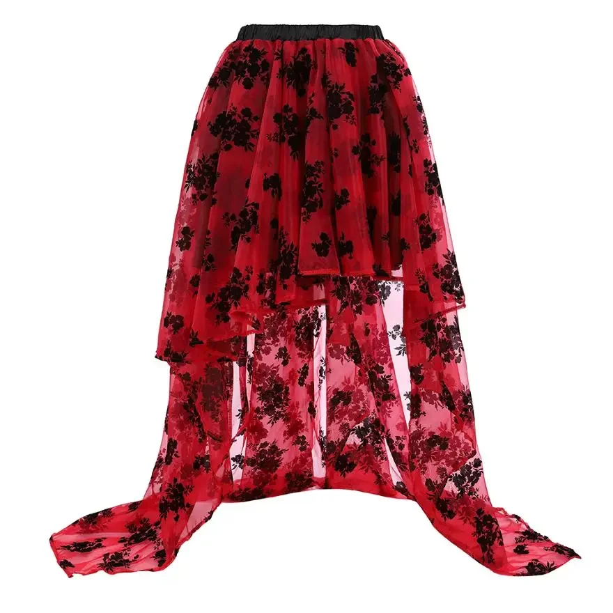 Mulheres assimétricas alta baixa tule saia longa festa de casamento moda sexy irregular saias florais preto/branco/preto vermelho plus size