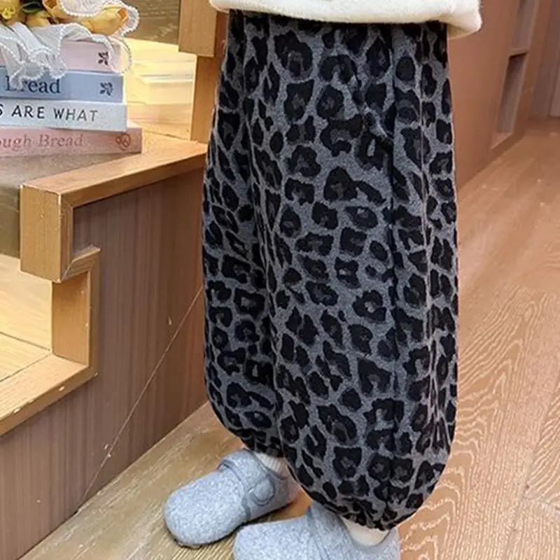 

Girl Leopard Print Thicken Pants Winter Autumn Elastic Waist Versatile Child Keep Warm Kawaii Fashion New Style Casual Clothing