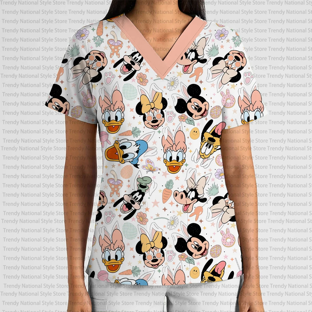 新しいエレガントな女性の作業服クリスマススノーフレークミッキーとミニープリントフロストトップVネックポケットTシャツ付き