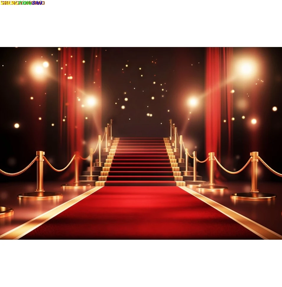 Red Stage Backdrop Carpet Stairway Spotlight Birthday Party Wedding Celebration Portrait Photography Background Photo Studio