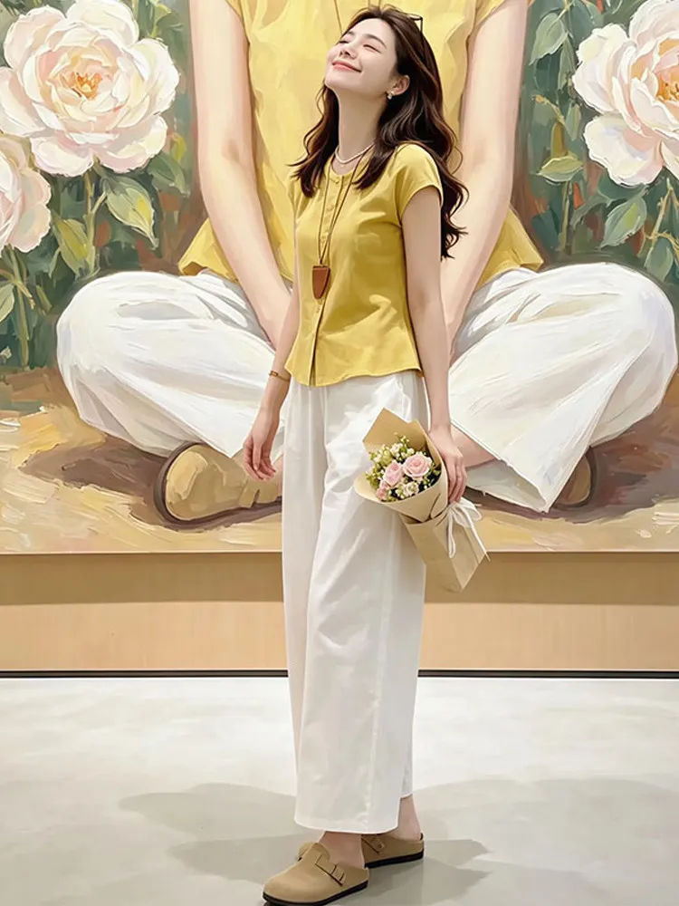 

Summer Beautiful Sweet Women's Casual Yellow Shirt Straight Leg White Pants Two-Piece Set Anti-Aging Fashionable Ensemble