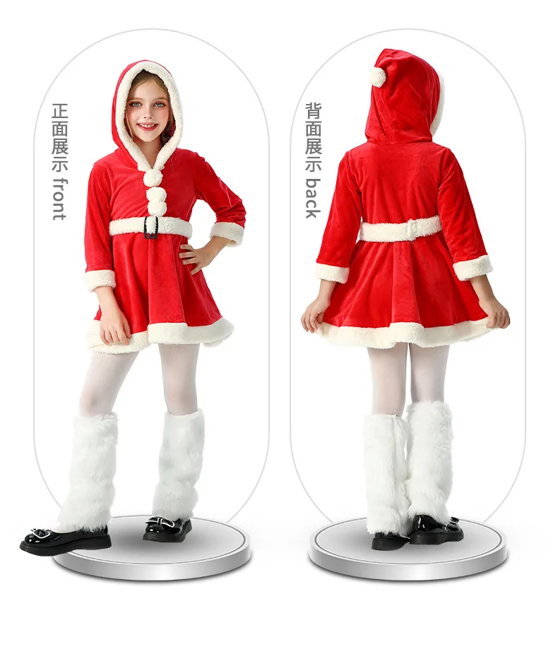 Weiches Samtkleid für Kinder mit Weihnachtsmann-Motiv, Kapuze, Weihnachtskostüm, Weihnachtsfeier, Bühnenauftritt, Show, Cosplay, Rock, Outfit – Detail 4