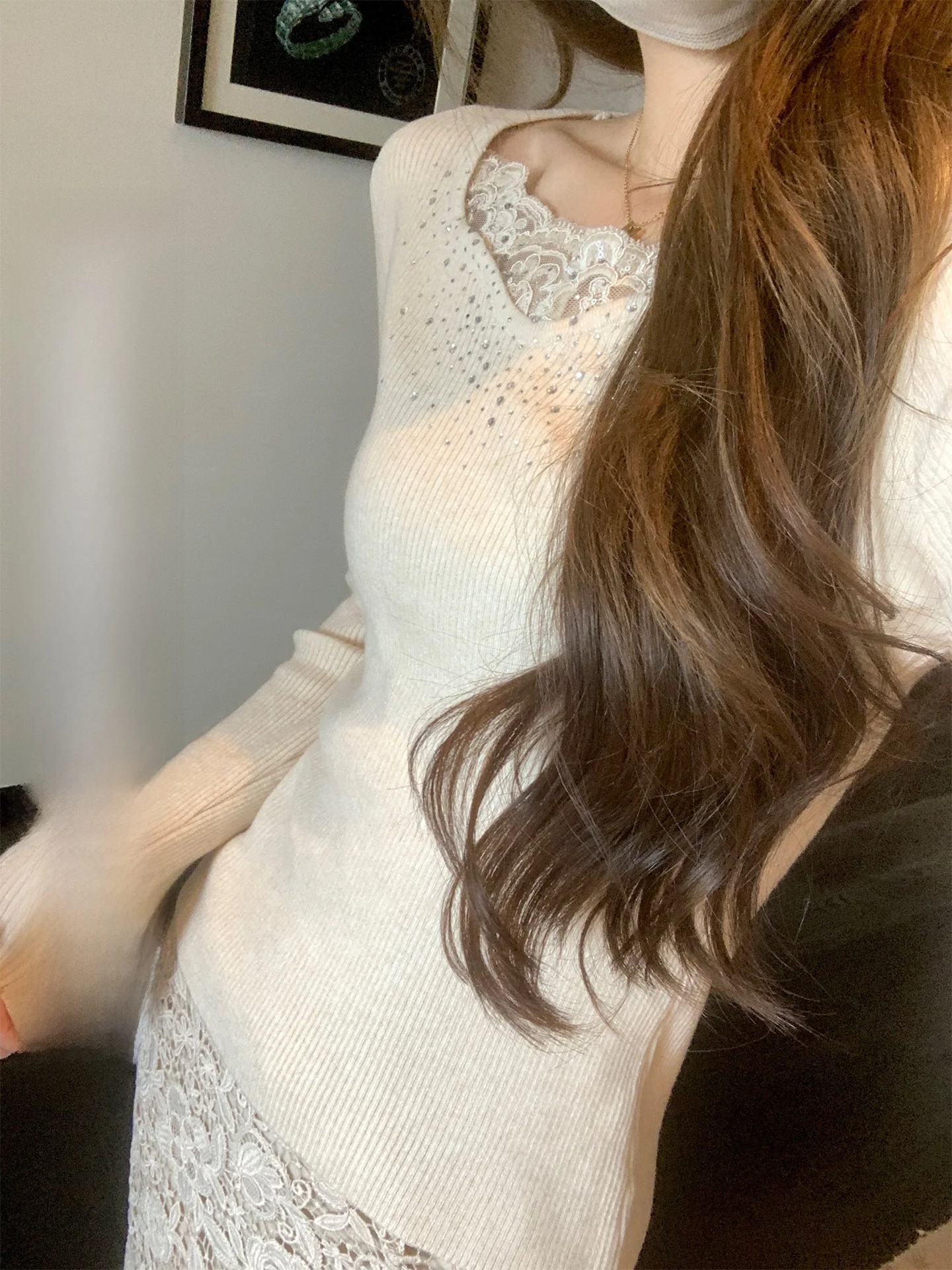 

Spring New Lace Knitted Long Sve Base Layer Sweater iny Diamond Women's Knitwear Midweight Regular Length round Ne