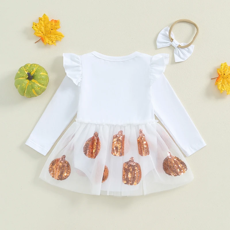 Vestido mameluco de Halloween para niña, manga larga, falda de lentejuelas fantasma de calabaza, mono con dobladillo y diadema, conjunto de 2 piezas