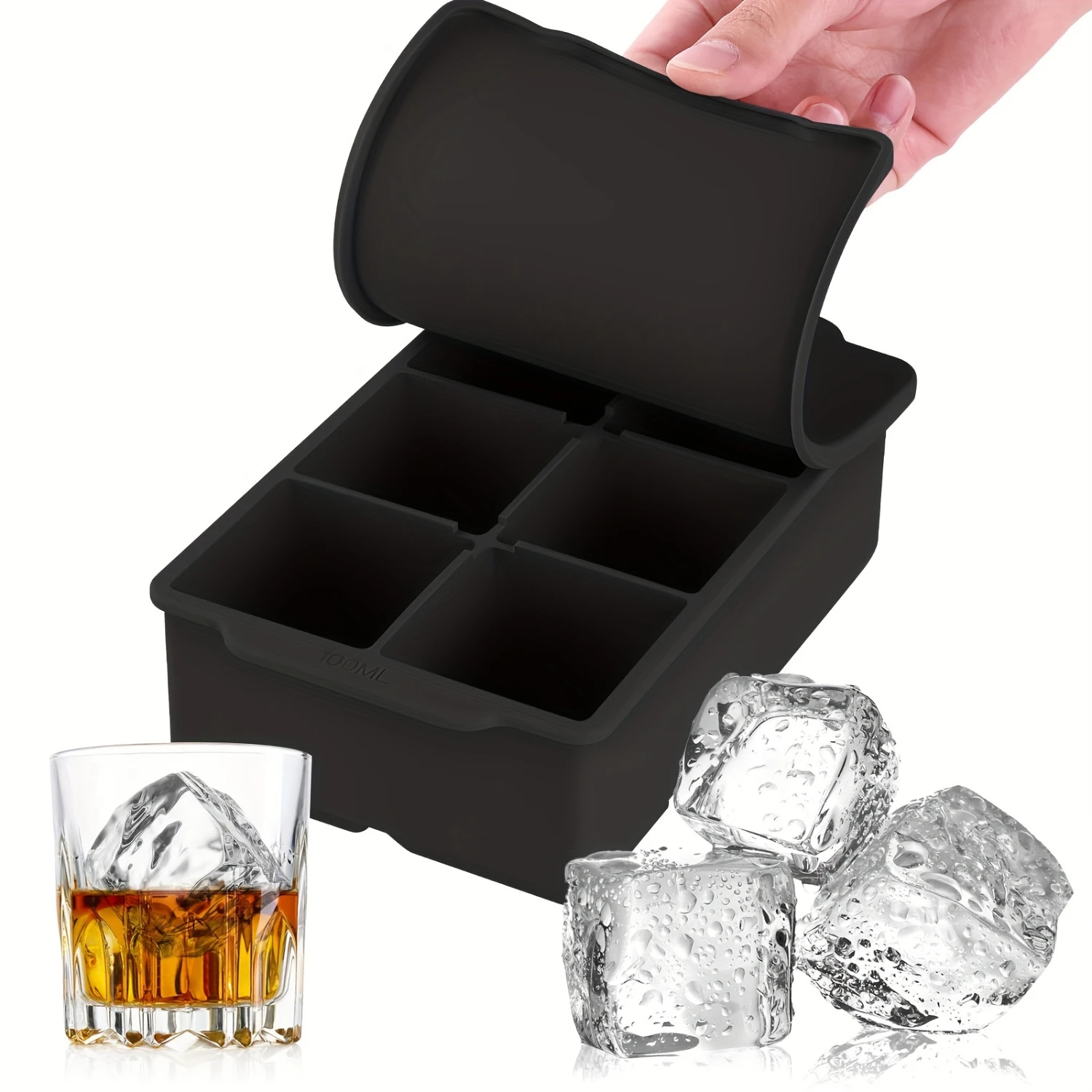 

Large Silicone Ice Cube Tray with Removable Lid - BPA Free, Stackable, Flexible & Uncharged for Whiskey, Cocktails, Soups & Tre