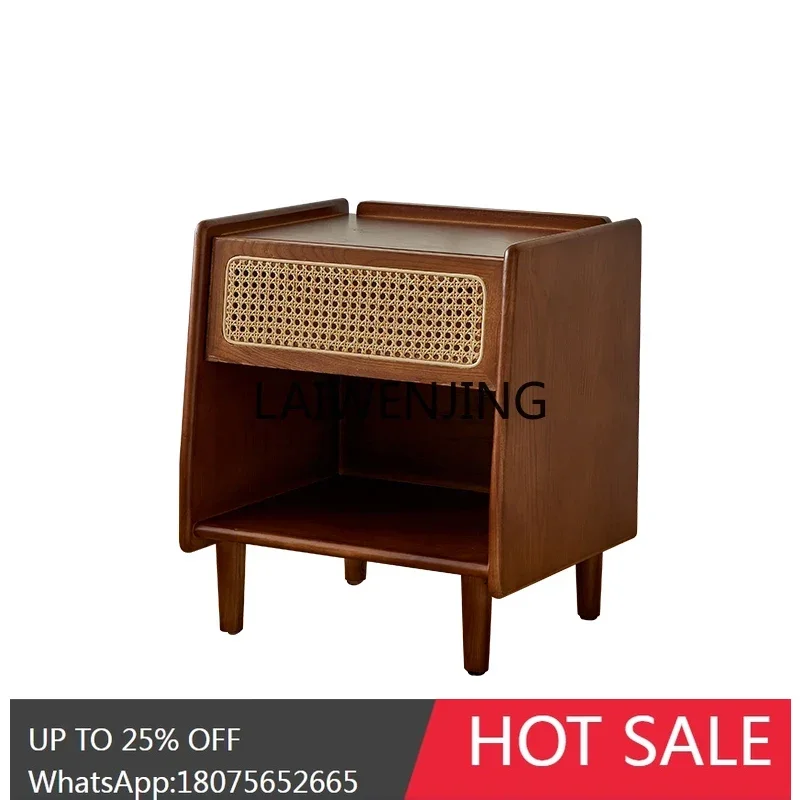 

medieval style pure solid wood rattan bedside table bedroom home modern simple retro side cabinet
