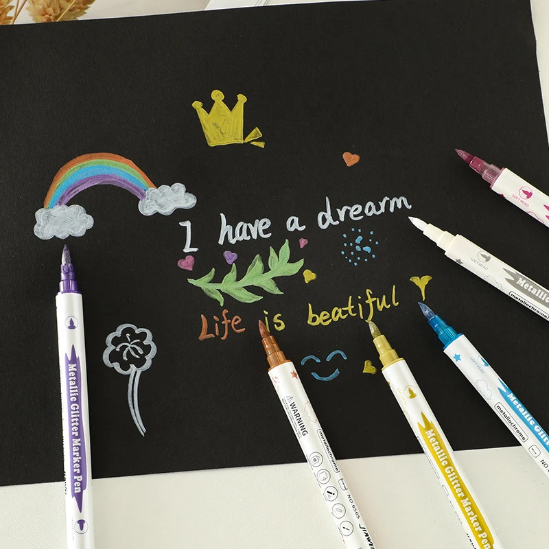 

[k]10Pcs Metallic Glitter Double Tip Marker Pens With Brush And Fine Nibs For Album DIY Black Cards Scrapbooking Craft Supplies
