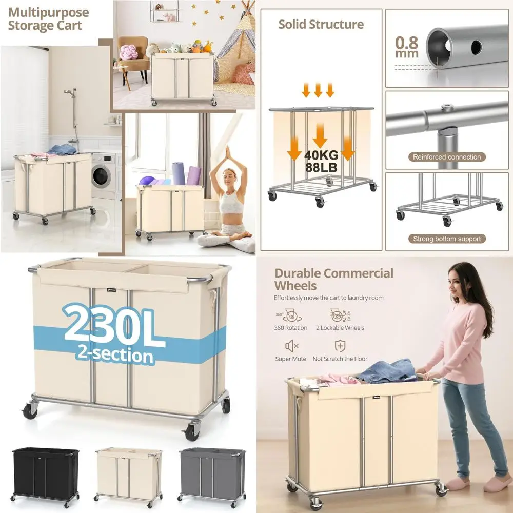

2-Section 230L Rolling Laundry Hamper with Wheels, 61 Gallon Sorter, Metal Frame, Removable Liner, Beige