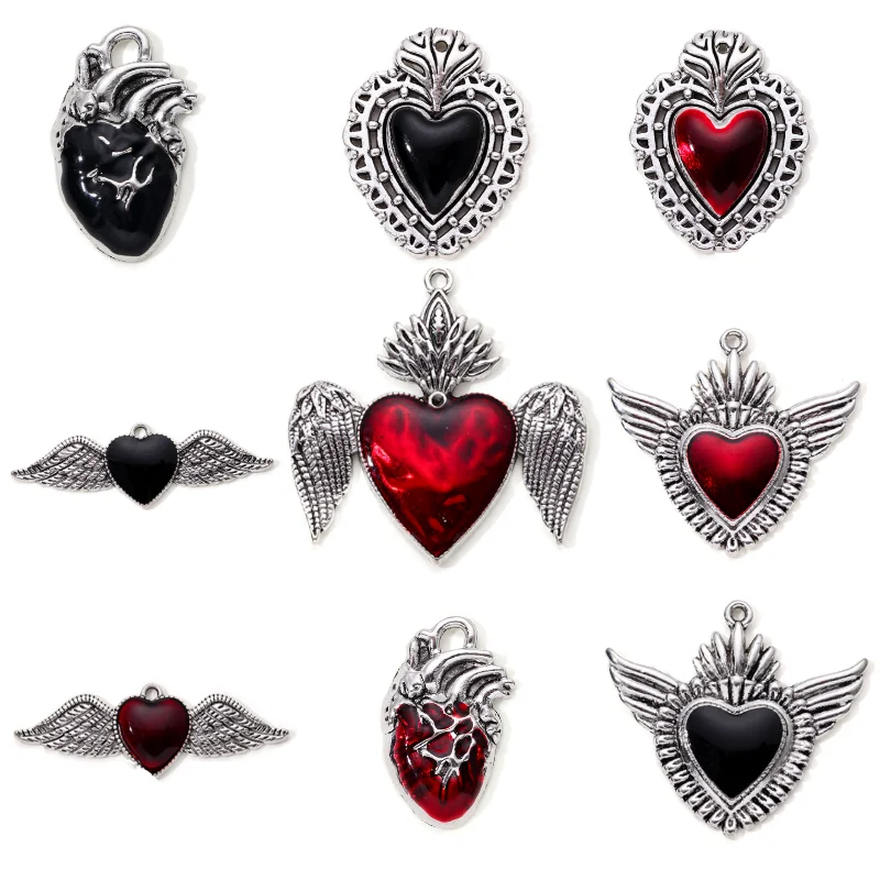5pcs New Heart Wing smalto Charms ciondoli moda stile gotico scuro per fare collana di accessori gioielli fai da te fatti a mano