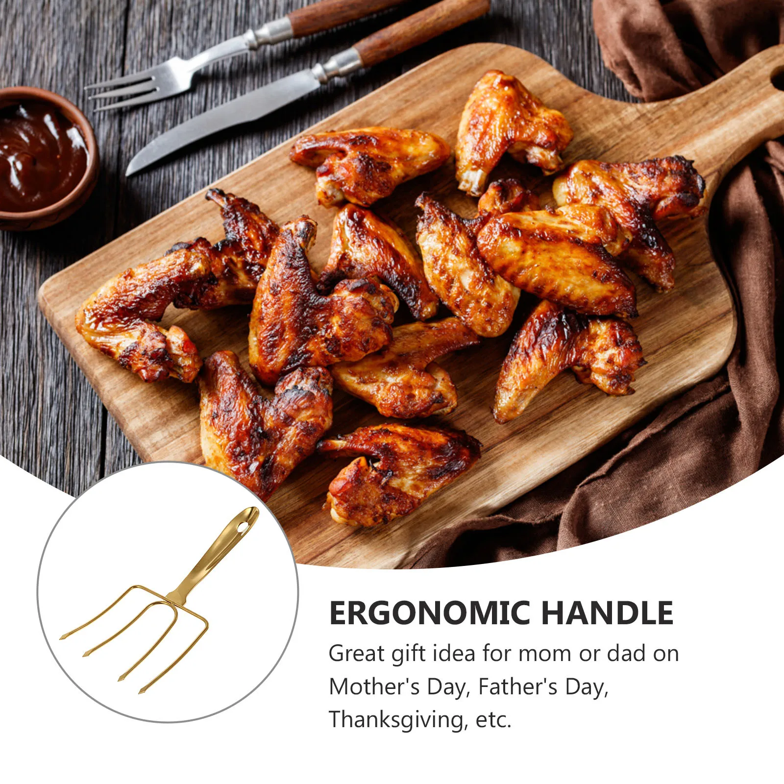 

1pc Stainless Steel Bbq Fork Long Handle Ergonomic Grip For Roasting Steak Turkey Lamb Poultry Camping Grilling Tool