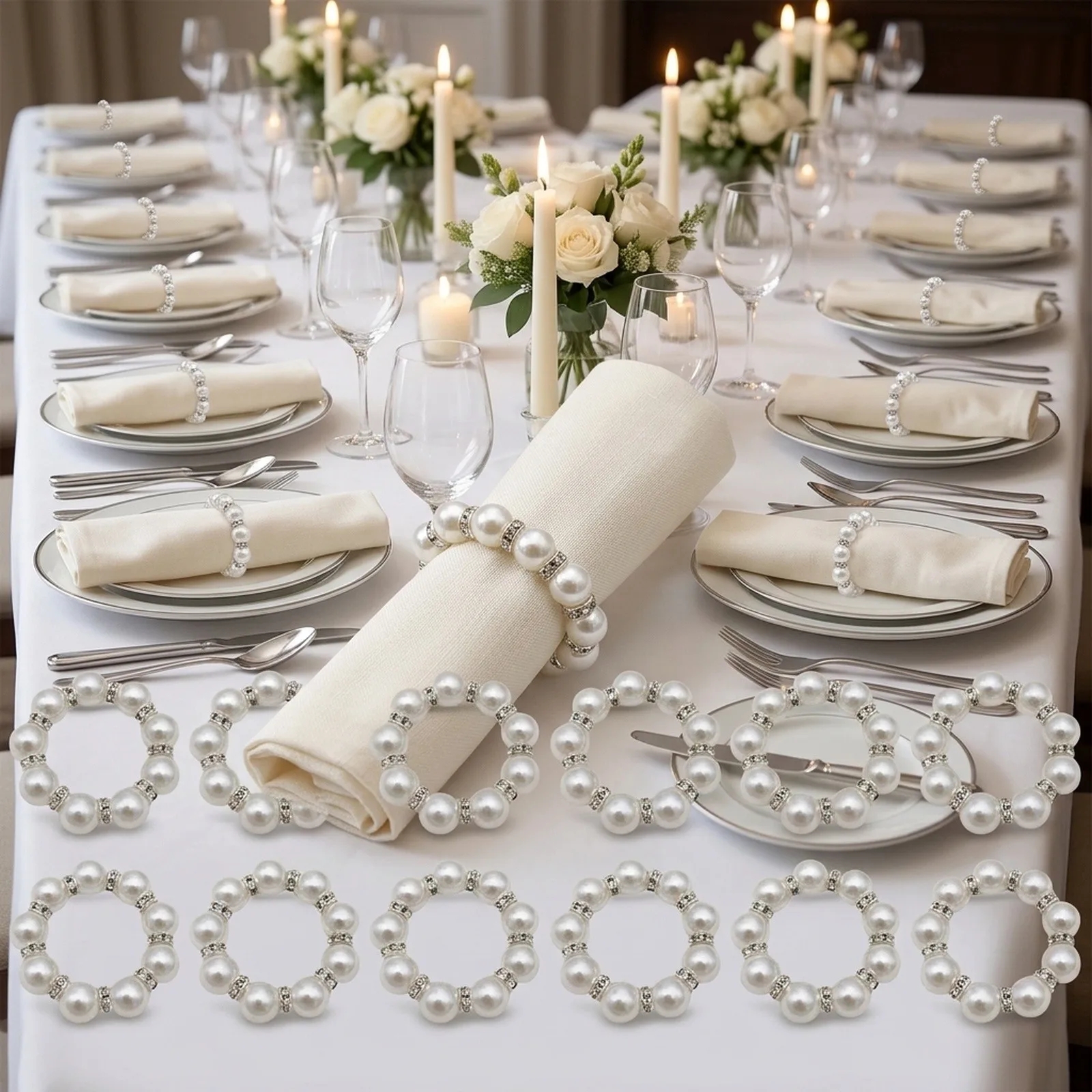 Elegant Napkin Rings Beaded Napkin Rings Home Use Party Supplies Neatly Cut Rhinestone Secure Hold Elastic And Stretchy