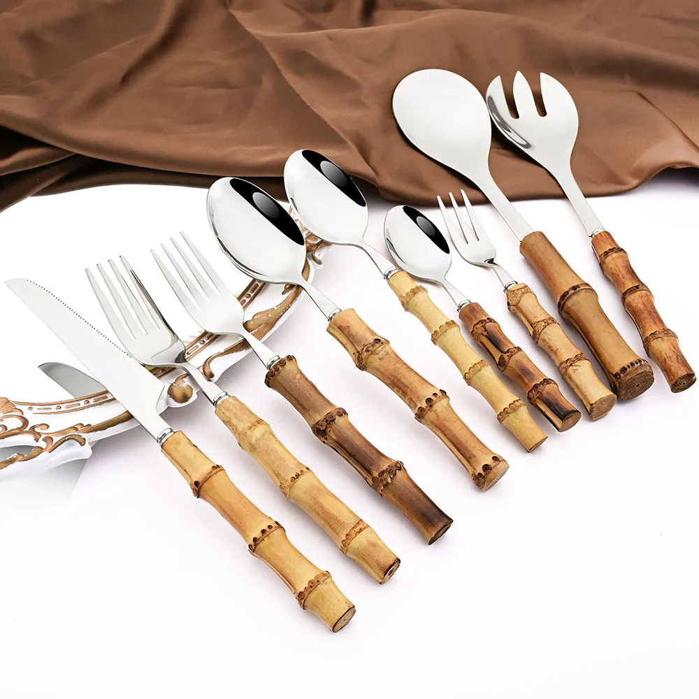 Drmfiy 6Pcs Natural Bamboo Handle 304 Dinnerware Set Stainless Steel Cutlery Set Upscale Knife Dessert Fork Spoon Tableware Set