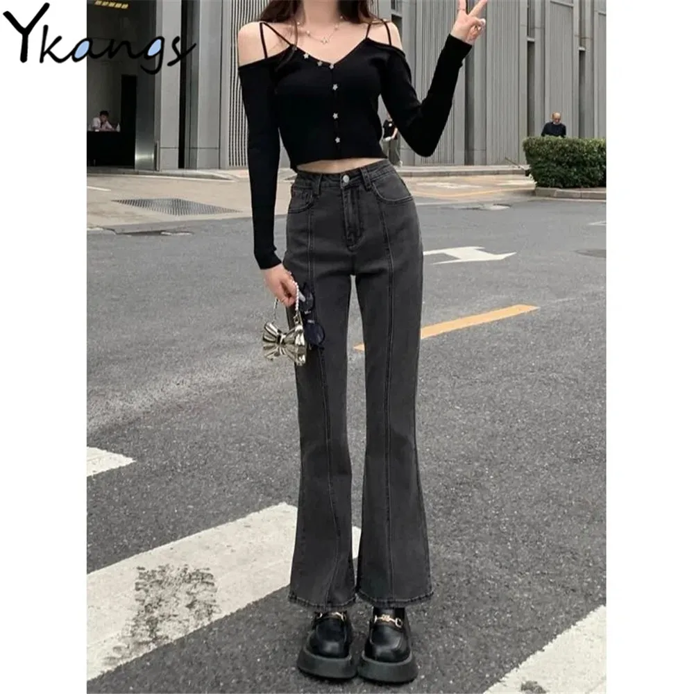 Y2k Aesthetics Gray Vintage High Waist Flare Jeans Women Autumn Slim Denim Pants Stretchable Long Trousers Casual Streetwear