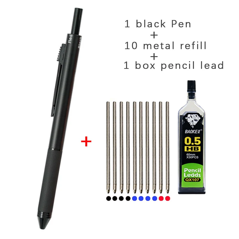 Mehrfarbiger Metall-Kugelschreiber, 0,7 mm, schwarz, blau, rot, Tintenstift, automatische Bleistiftmine, 4-in-1-Kugelschreiber-Set, Büro, Schule, Schreiben – Detail 7