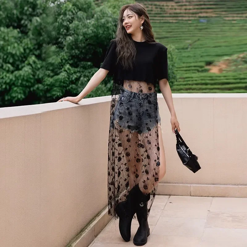 Verão 2025 nova moda vestido feminino paillette gaze bordado unido juntos preto gola redonda camiseta outerwear feminino