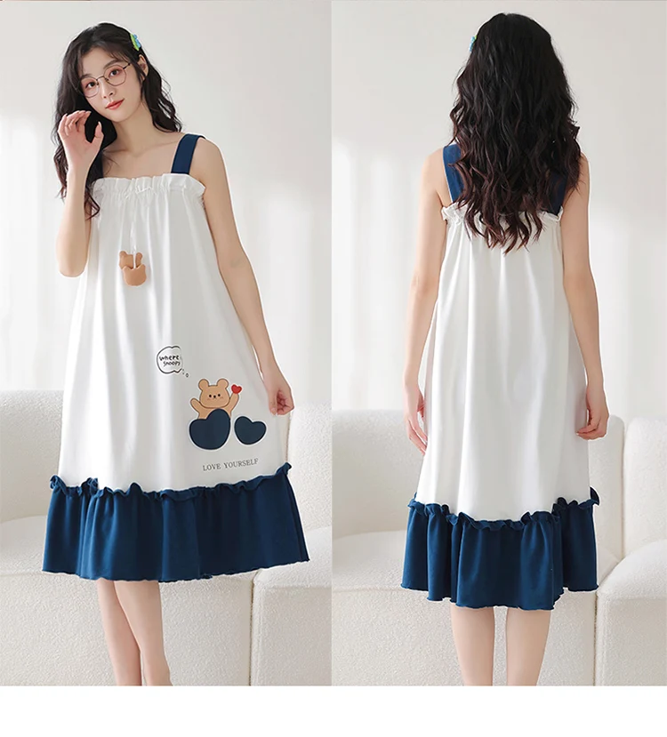 2025 Summer Cotton Cute Cartoon Bear Print Sweet Ruffles Suspender Pajamas Girl New Sexy Square Collar Comfortable Loungewear