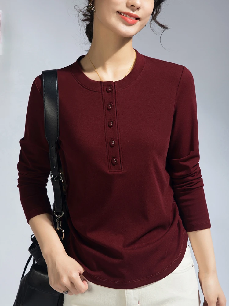 

Весна 2025: женская футболка с длинным рукавом, новая утягивающая нижняя рубашка с круглым вырезом и пуговицами, повседневный женский топ, женская одежда