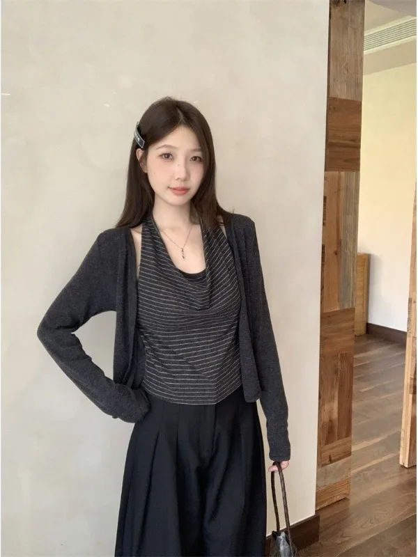 

plus Size Women's Striped Long Sleeve T-Shirt Neck Hanging Design Autumn Early Fashionable Versatile Korean Style Top