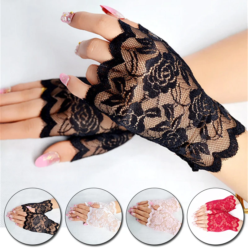 Women Lace Short Hand Fingerless Gloves Summer Fingerless Mittens Ladies Thin Mesh Half Finger Fishnet Sunscreen Driving Gloves