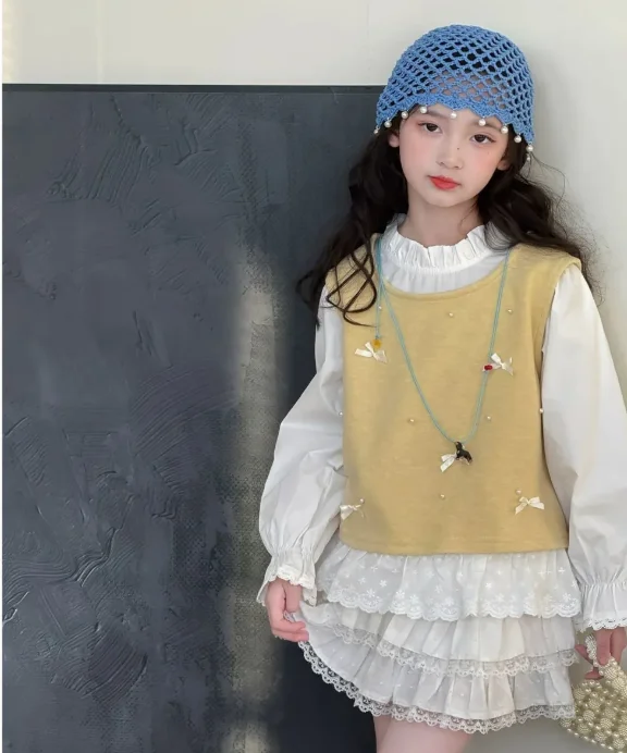 2023 Spring Autumn Baby Girls Sweet Candy Color  Knitting Sweater Vest  Shirts Clothing Sets Children Korean Blouse Vest Outfits