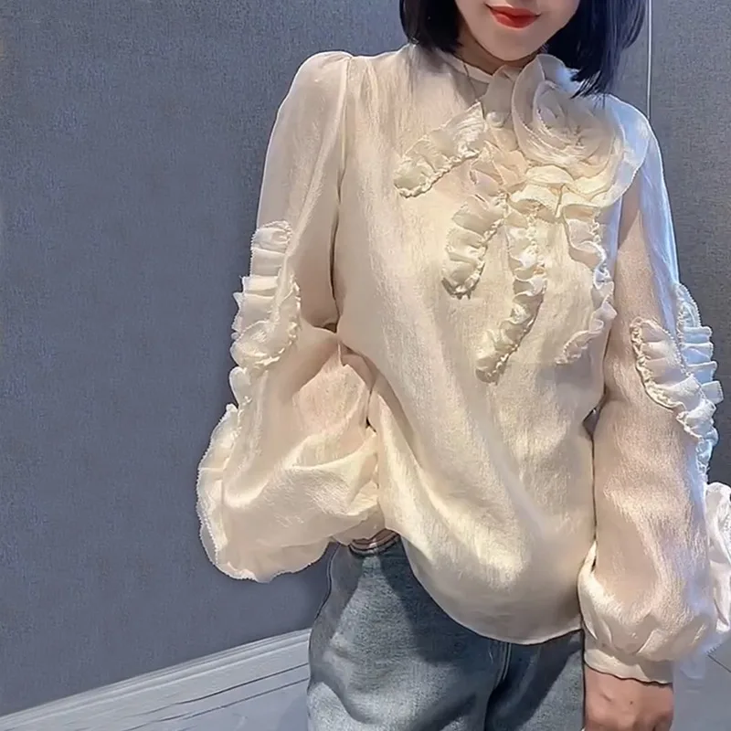 OCEANLOVE Chiffon Shirts&blouses Women Tops 3D Flowers Spring Summer Transparent Blusas Feminina Korean Fashion Retro Camisas