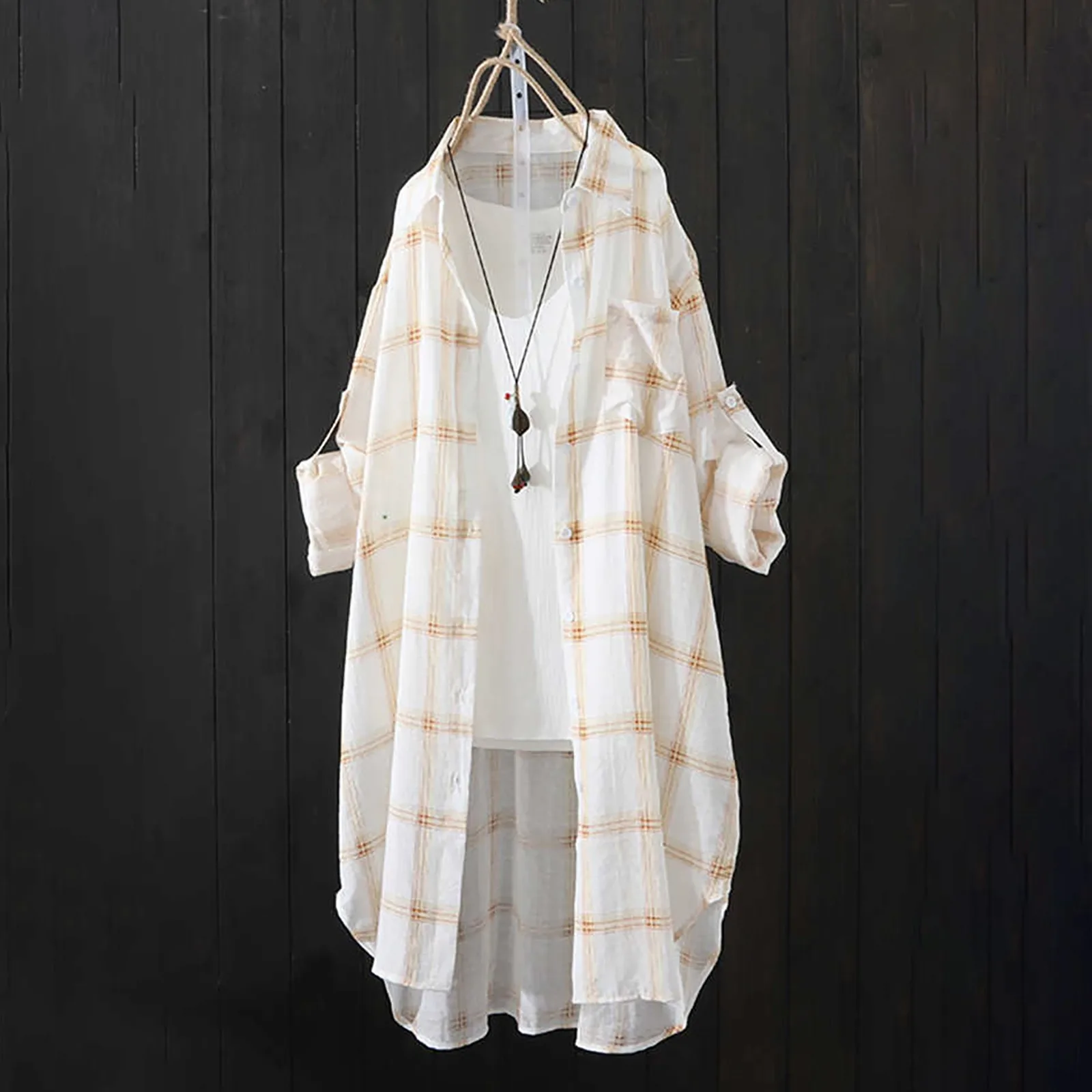 

Women's Long Plaid Shirt Casual Women Loose Blouse Korean Style Oversizedd Blouse 2023 Summer Sunshirts Fashion Outerwear