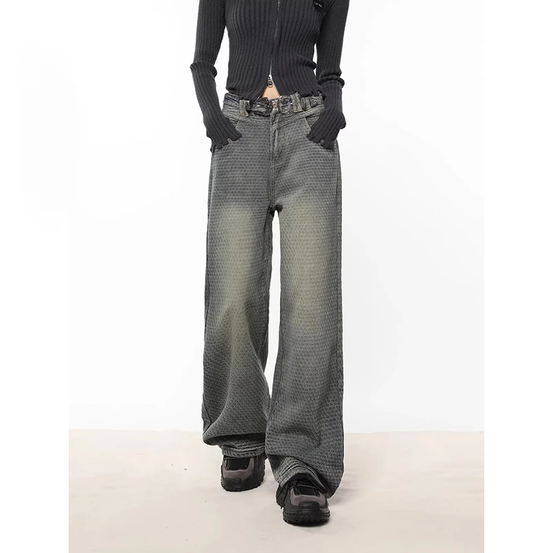 

WCFCX STUDIO New Korean Fashion Vintage Washed Straight Pants Baggy Full Length Trousers High Waisted Wide Leg Jeans Women