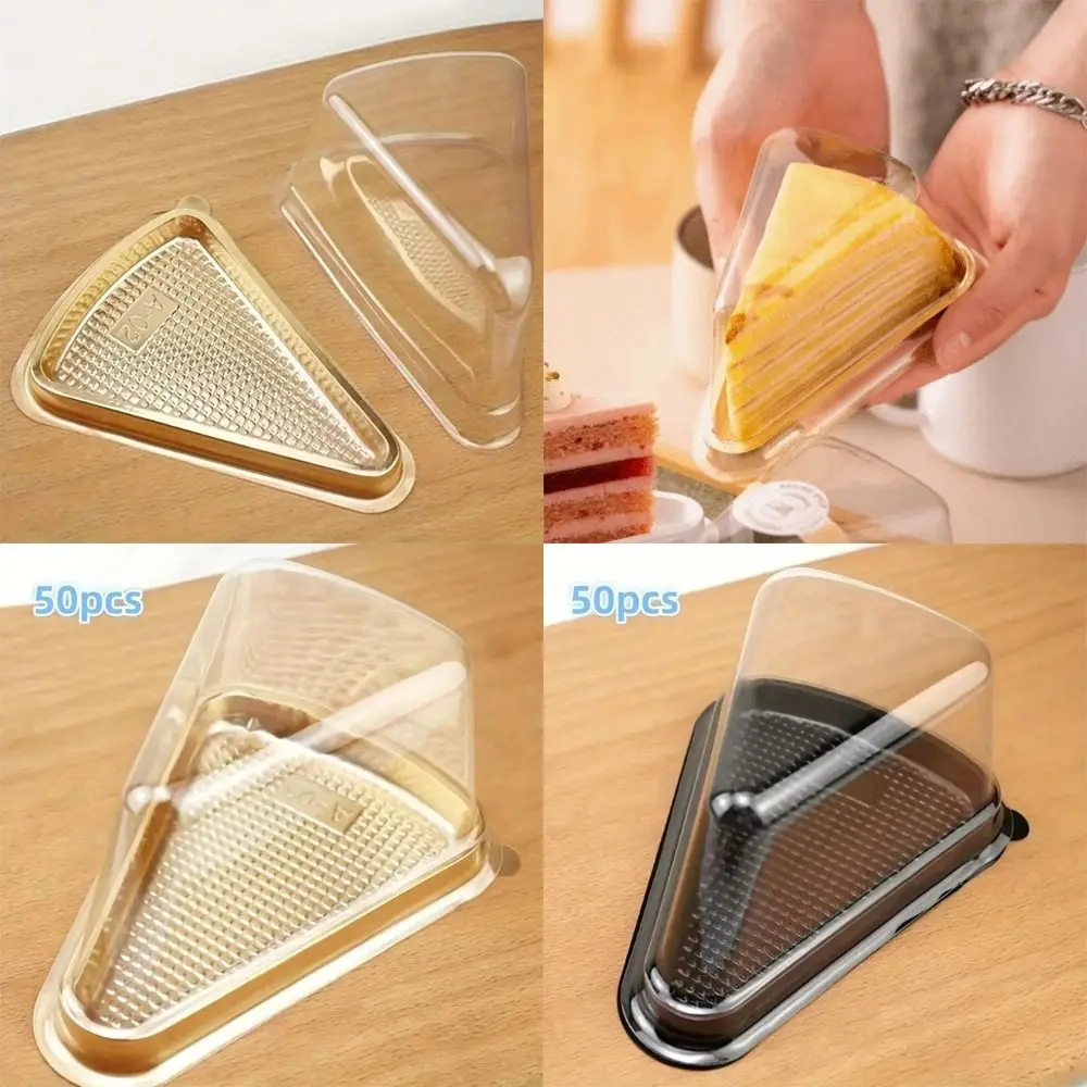 50 Cajas Triangulares para Rebanadas de Pastel de 6/8 Pulgadas, Color Dorado/Negro, con Tapa Transparente, Caja Triangular para Pastel