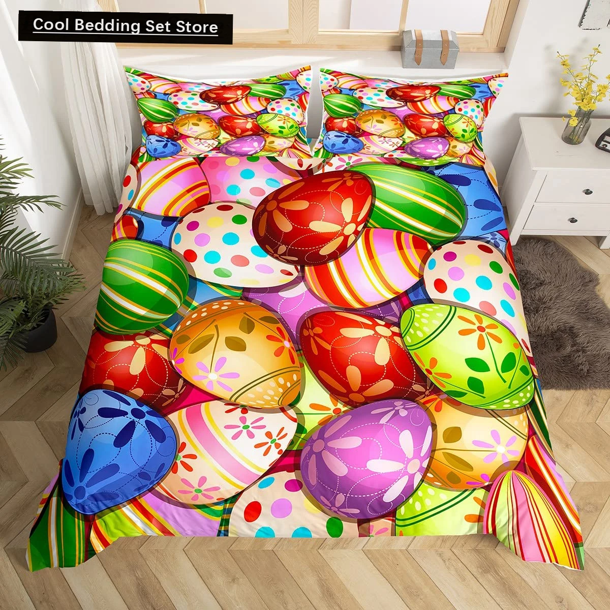 

Watercolor Easter Eggs King Queen Bedding Set Happy Easter Themed Duvet Cover Toddlers Rainbow Easter Egg Polyester Quilt Cover