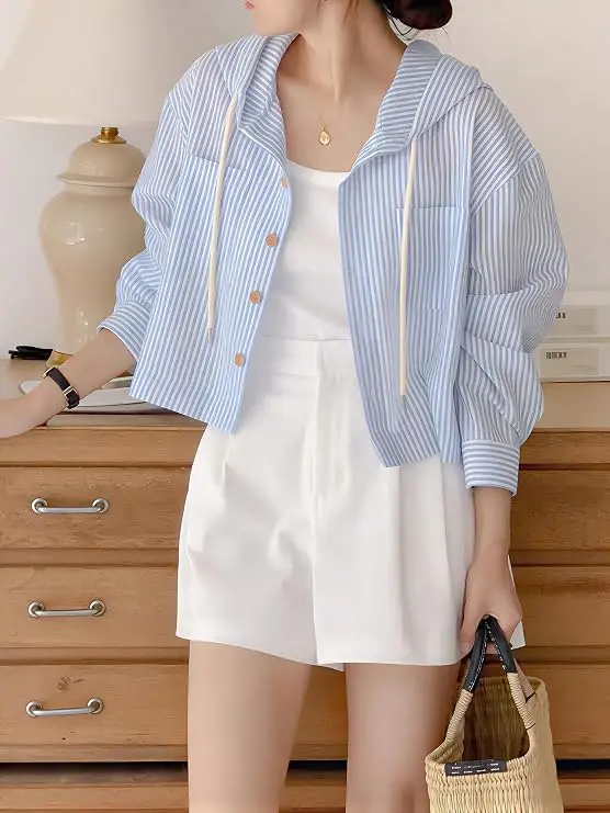 New Spring/Summer/Autumn Elegant and Versatile Single-Breasted Striped Loose-Fitting Long-Sleeved Sun Protection Hoodie