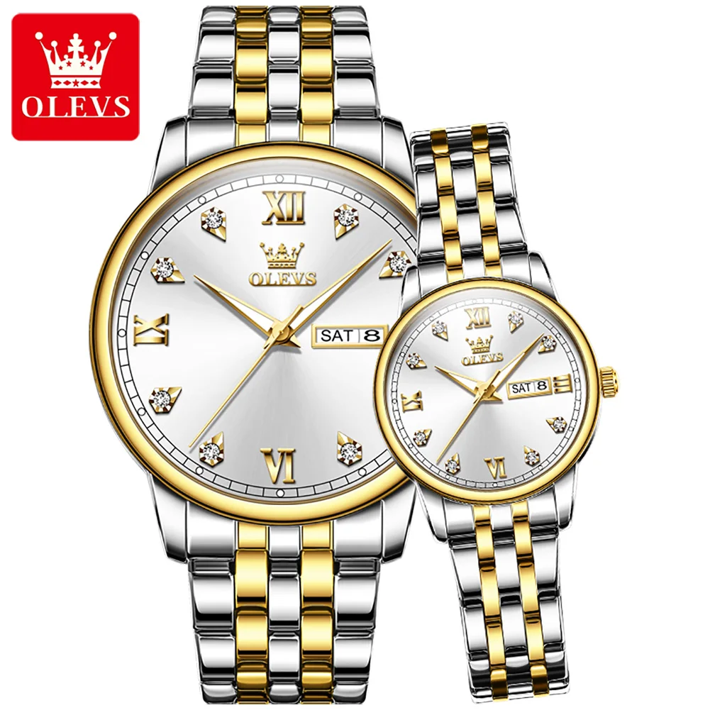 OLEVS Fashion Couple Quartz Watch for Men and Women Luxury Stainless Steel Waterproof Luminous Week Calendar Business Watches