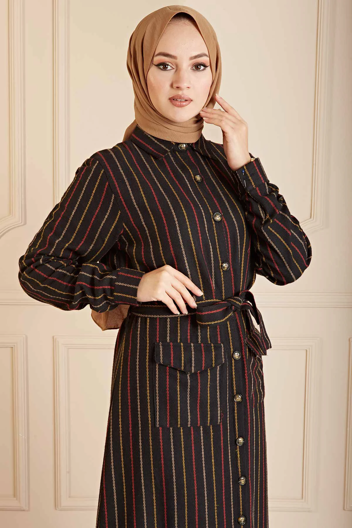 Striped Shirt Collar Dress PO Black Winter Autumn 2021 Muslim Women Hijab headscarf islamic Turkey