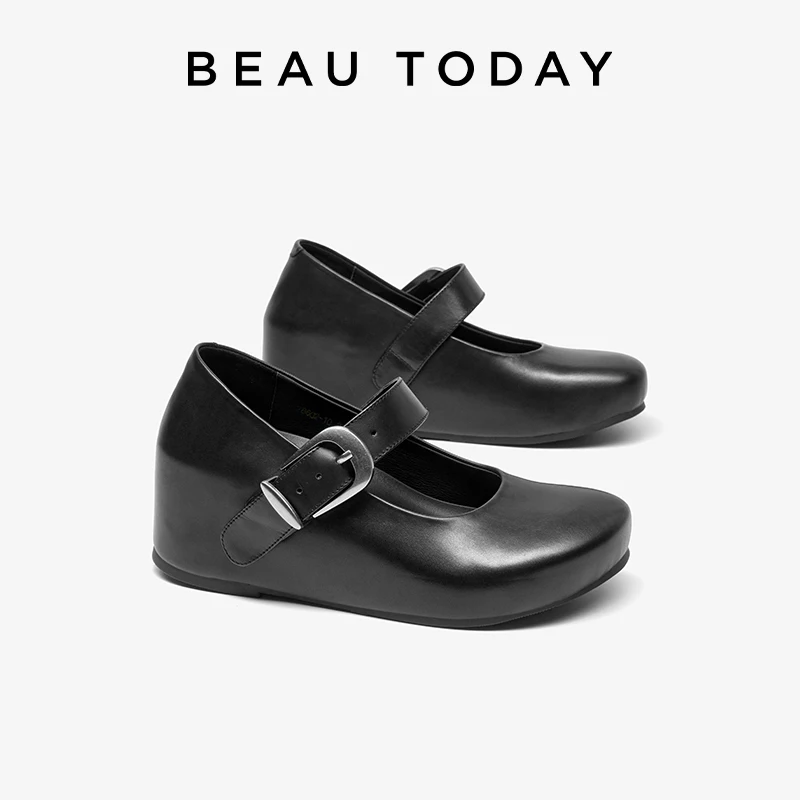 BEAUTODAY Ballet Flats Women Calfskin Leather Round Toe Buckle Strap Mid Heels Mary Janes Ladies Wedge Shoes Handmade 28602