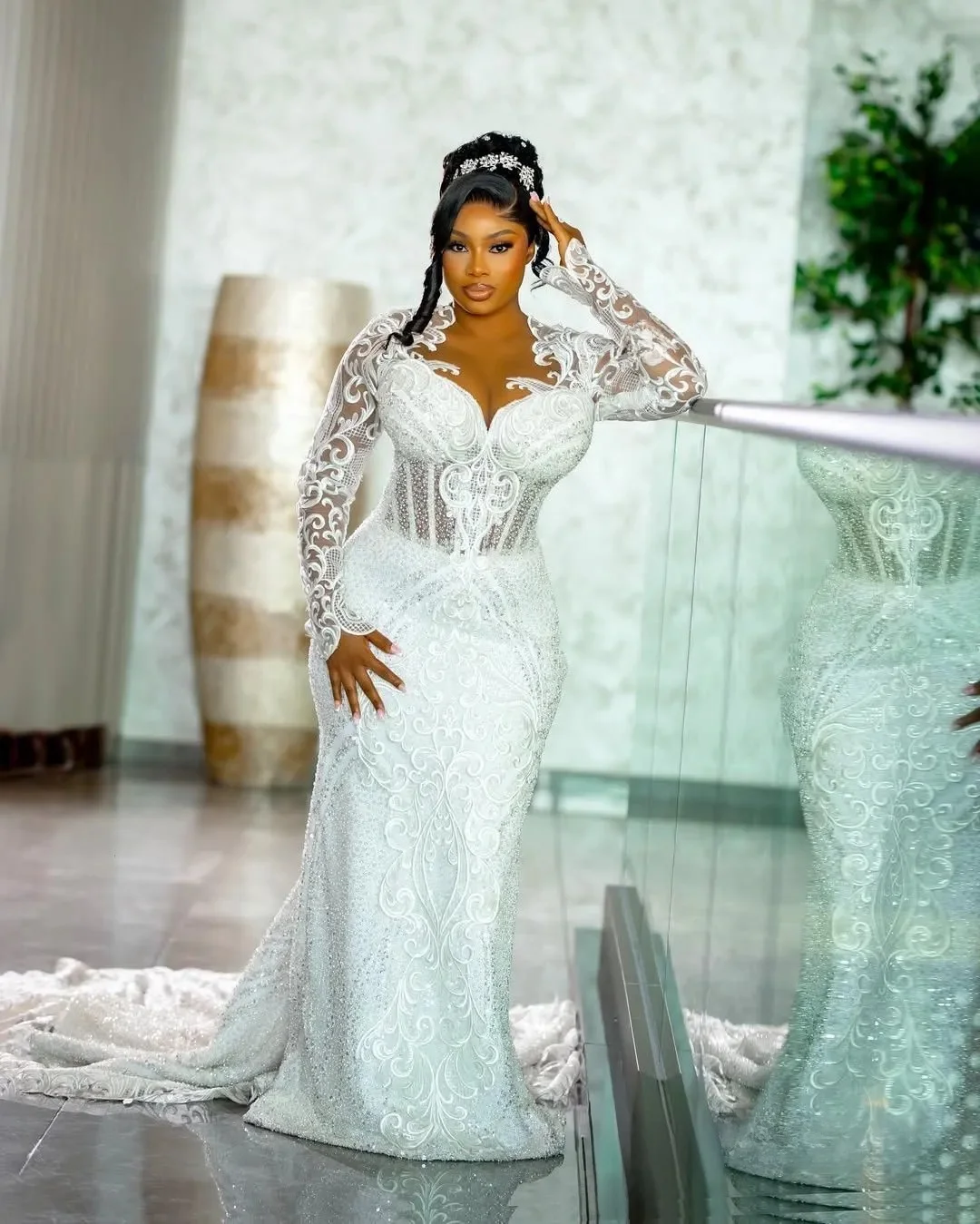 Robe de mariée sirène personnalisée, grande taille, manches longues, dentelle perlée, Tulle à plusieurs niveaux