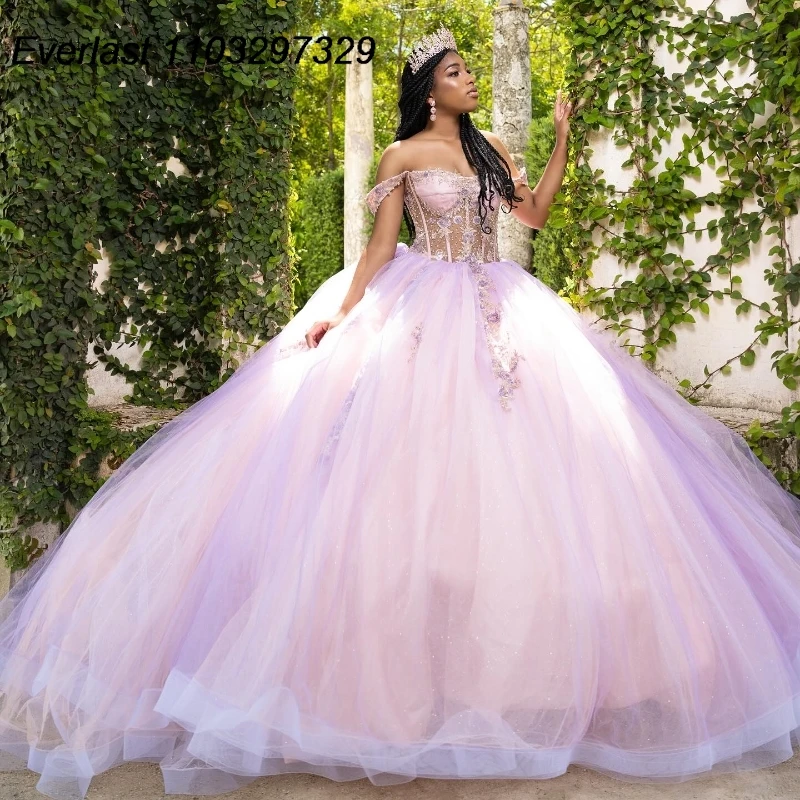 

EVLAST Princess Pink Quinceanera Dress Ball Gown Off Shoulder Lace Applique Beading Mexican Sweet 16 Vestido De 15 Anos TQD384