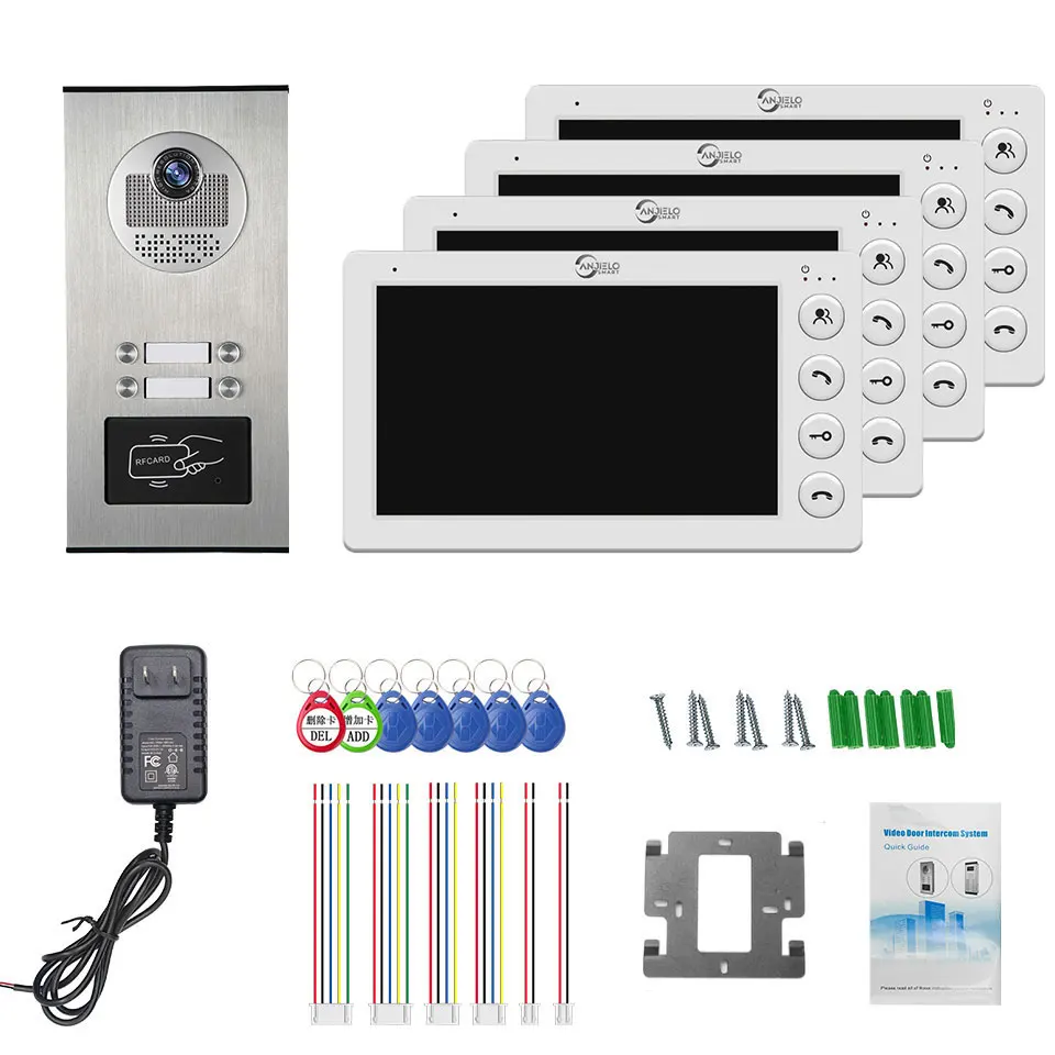 4 وحدات متعددة الشقق جرس باب يتضمن شاشة عرض فيديو مع بطاقة RFID فتح 7 بوصة 4 سلكية نظام هاتف باب الفيديو