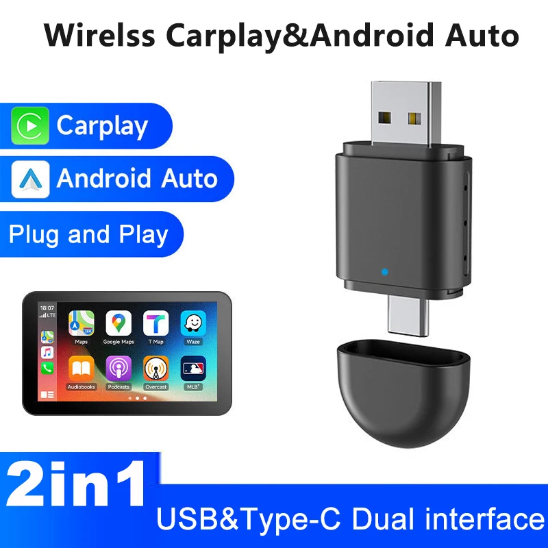 

Kebidumei беспроводной CarPlay и Android Авто 2 в 1 беспроводной адаптер умный USB-ключ USB и Type-C двойной разъем Wi-Fi быстрое подключение