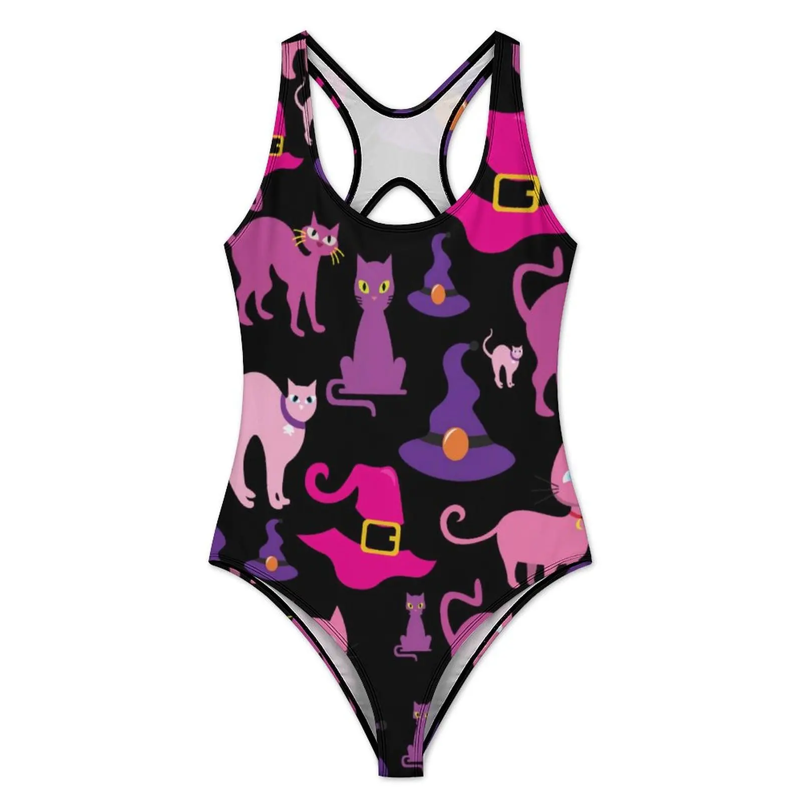 Scary Black Cats Swimsuit Sexy Funny Halloween Print Woman Swimwear One Piece Sweet Bodysuit Holiday Push Up Cut Out Beachwear