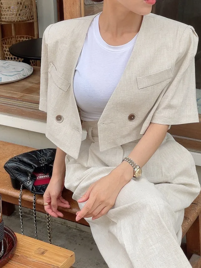 

Korean Style Summer Outfit High Waist Slimming Pants Short Jacket Women's Fashion Set Cotton Material Two-Piece Suit