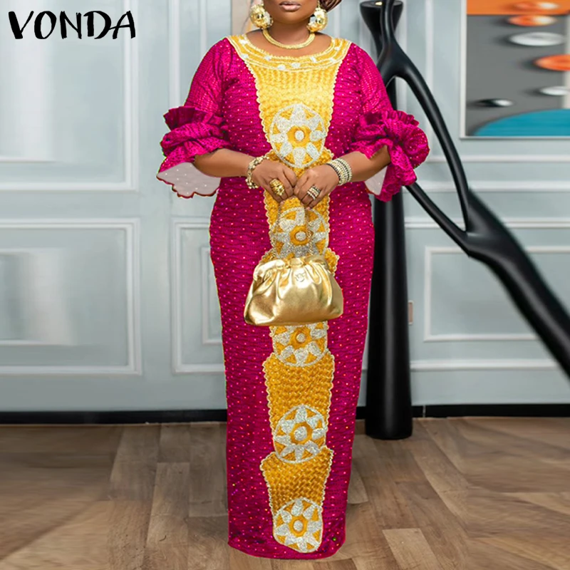 

Платье макси VONDA 2026 для женщин больших размеров (до 5XL) с винтажным цветочным принтом, для вечеринок, с круглым вырезом, пышными рукавами, повседневное пляжное платье