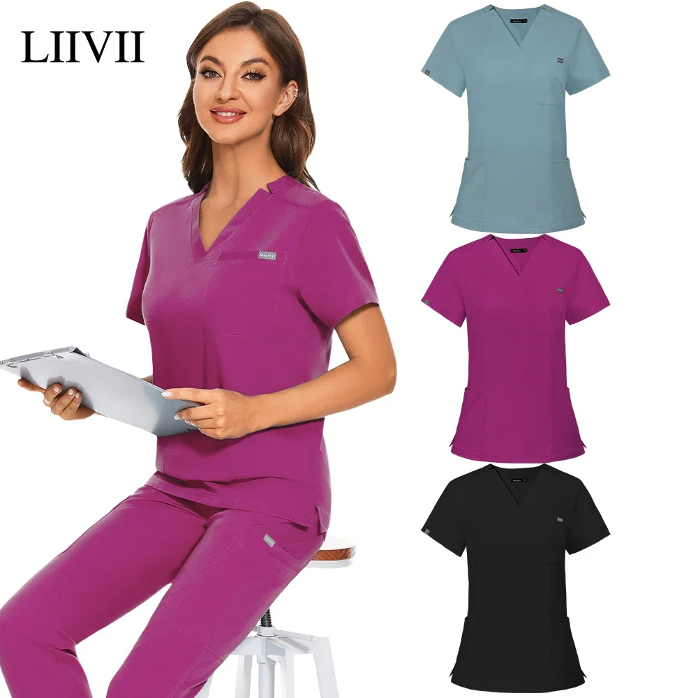 Nurse Scrub Shirts Medical Uniform Workwear for Women Men Nursing Surgical Navy Gray Classic V Neck Scrub Tops Scrubs Blouse