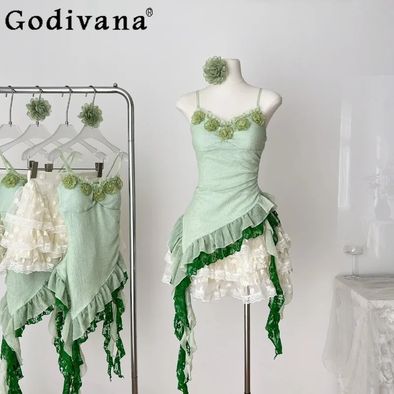 

Women's Summer Pure Sexy Suit Slim Irregular Green Top High Waist A-line Mini Skirt Two-piece Set Fashion Female Clothes