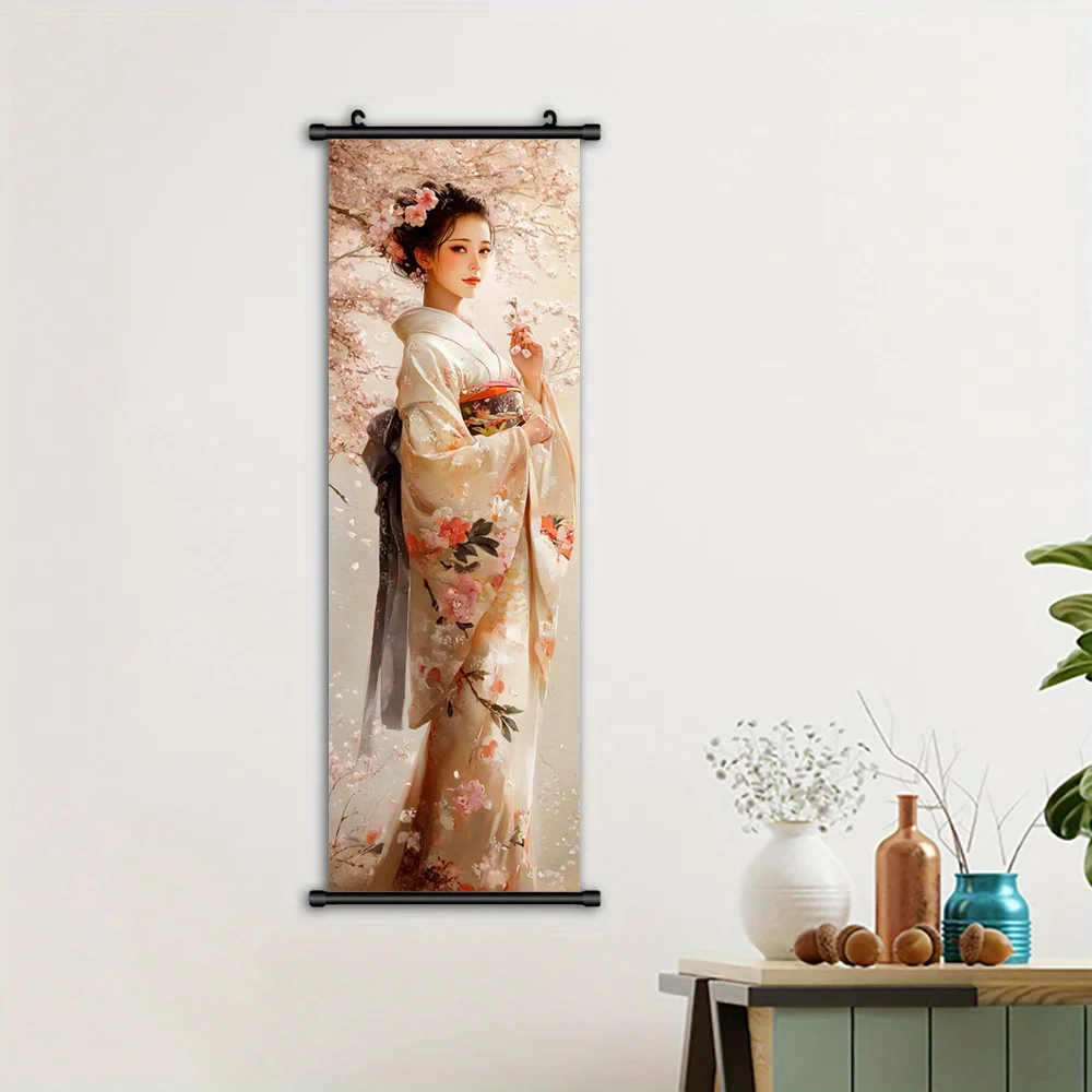VIKAMA Japanese Cherry Blossom Kimono Canvas Wall Art Scroll with Frame Hook for Living Room Office Decor