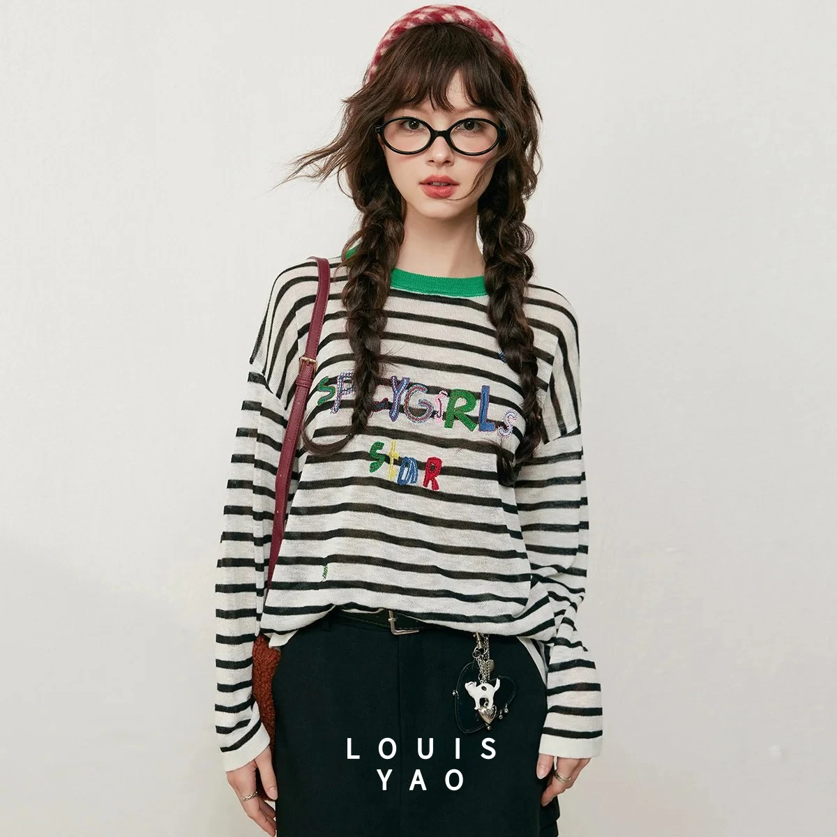 

LOUISYAO Embroidered Letter Stripe Knitted T-shirt 2025 Autumn Y2k Tops Micro-stretch Long Sleeve Women's Knitted Sweater