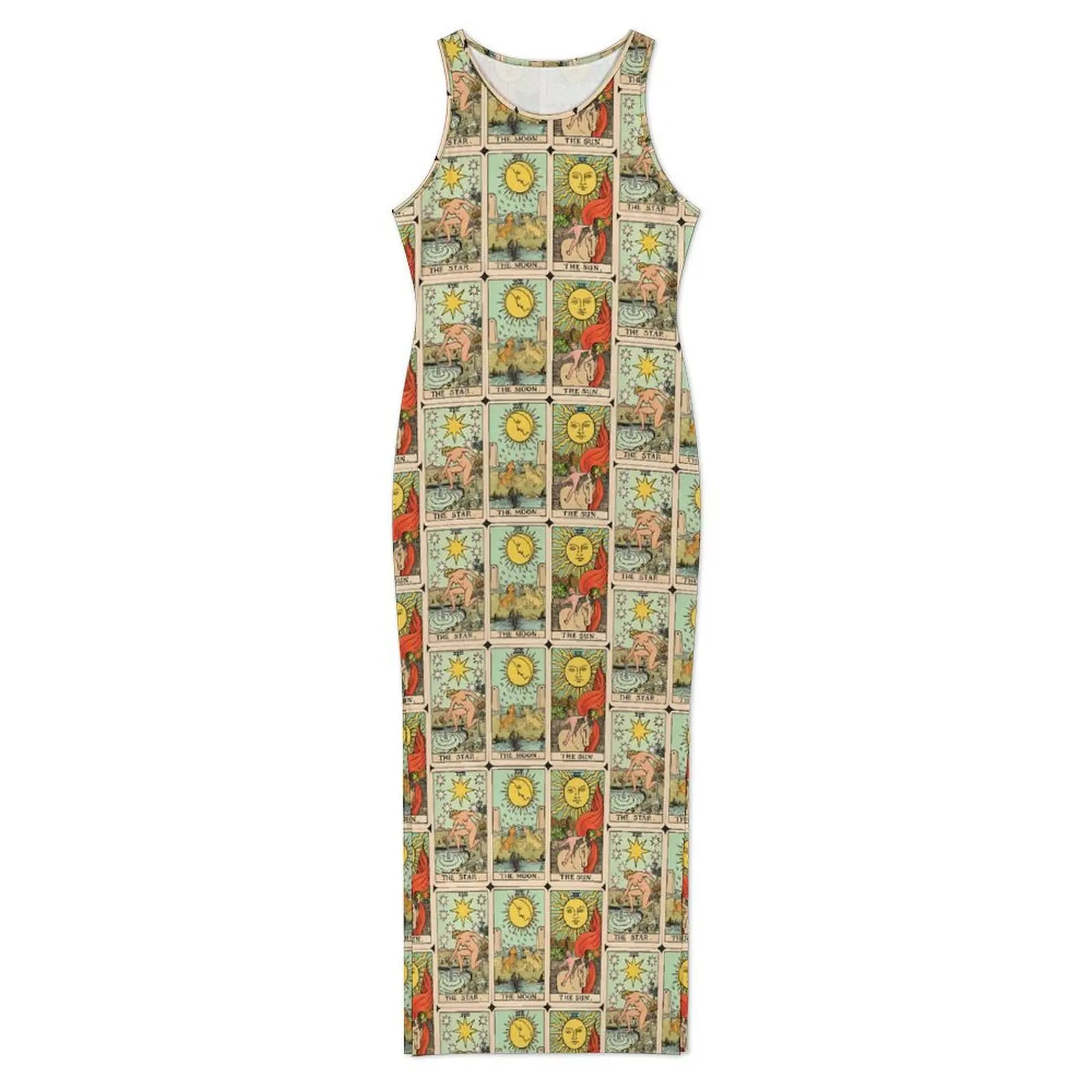 女性ボディコンドレスナイトクラブヴィンテージタロットカードマキシドレス夏日月星ノースリーブストリートファッショングラフィックドレス
