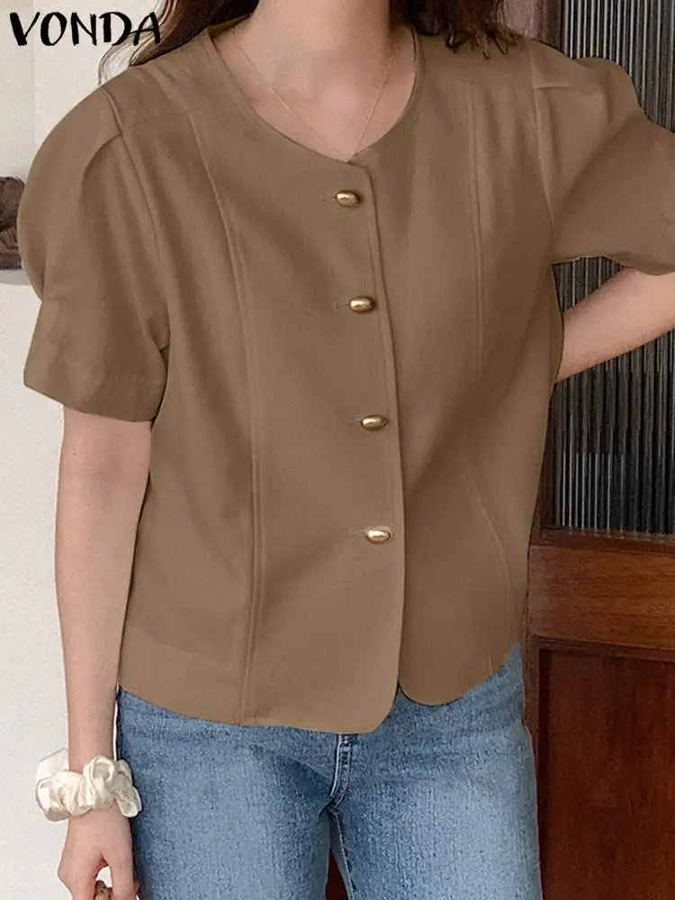 VONDA 2024 Summer Elegant Shirts Women Fashion Blouse Short Sleeve Tops O-Neck Solid Color Casual Buttons Baggy Blusas Femininas